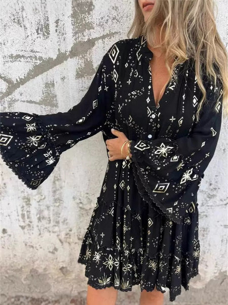 Fashionable Gold Foil Trumpet Lace Sleeve Dress