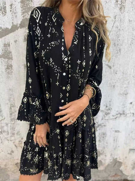 Fashionable Gold Foil Trumpet Lace Sleeve Dress
