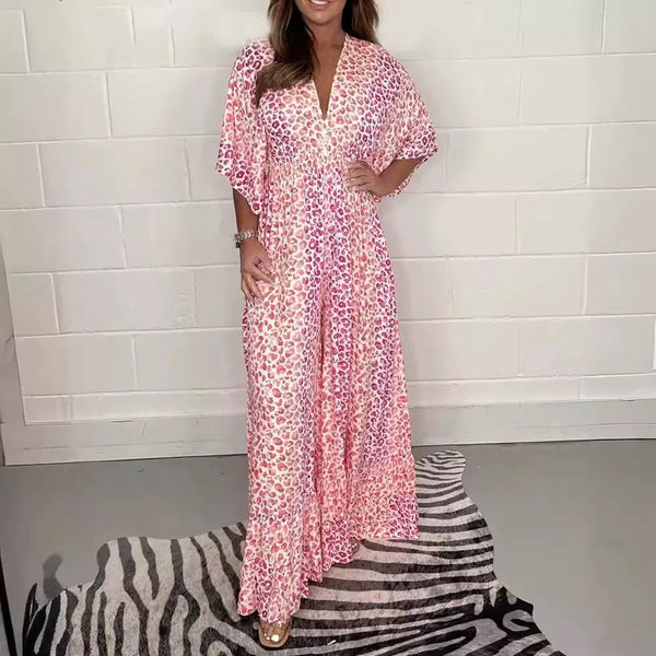 Printed Long V-Neck Short Sleeve Jumpsuit