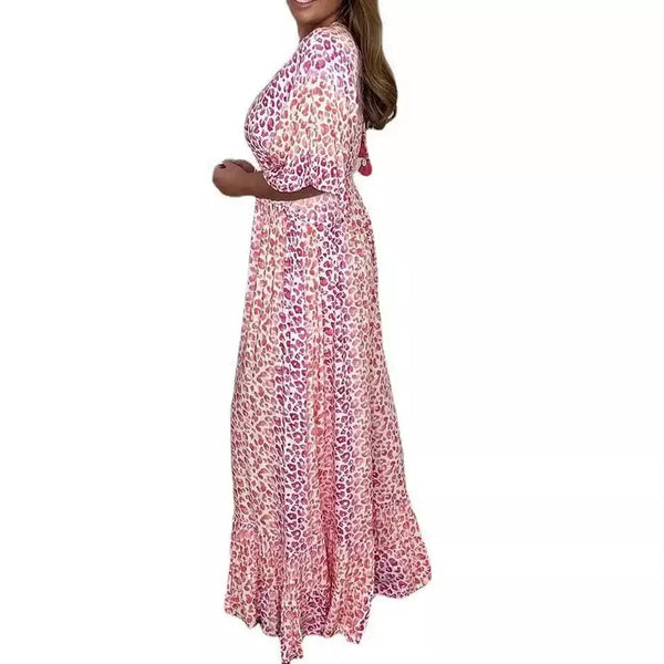 Printed Long V-Neck Short Sleeve Jumpsuit