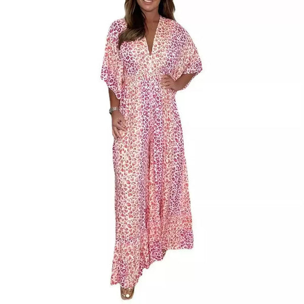 Printed Long V-Neck Short Sleeve Jumpsuit