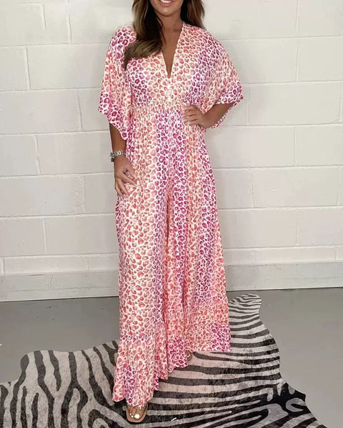 Printed Long V-Neck Short Sleeve Jumpsuit