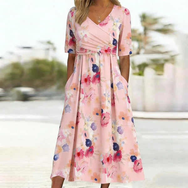 Romantic Pink Floral Side Pocket Midi Dress