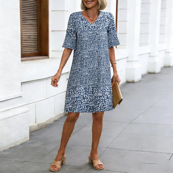 Blue White Floral V-Neck Tiered Shift Dress – Casual Ruffle Sleeve Summer Dress