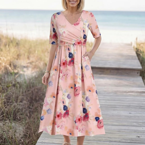 Romantic Pink Floral Side Pocket Midi Dress