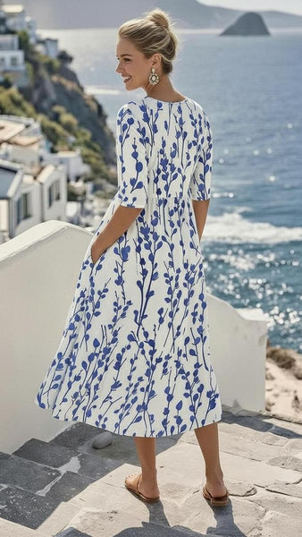 Coastal Blue Botanical Print Midi Dress