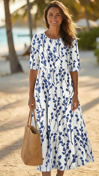 Coastal Blue Botanical Print Midi Dress