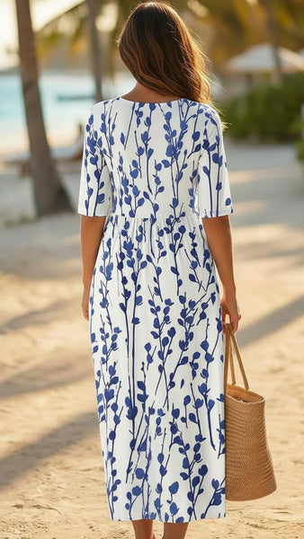 Coastal Blue Botanical Print Midi Dress