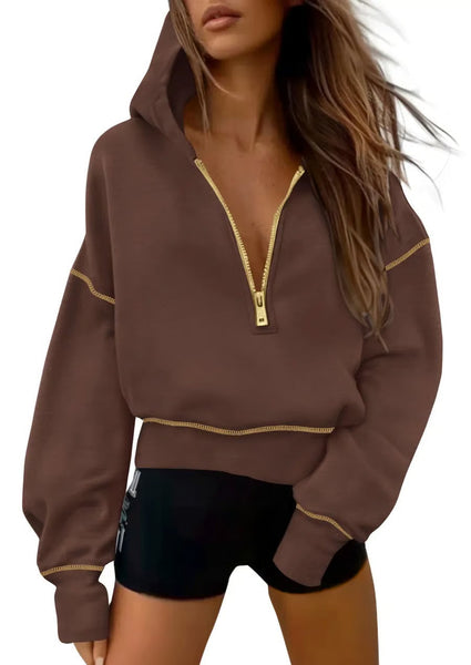 Half Zip Hooded Long Sleeve Cropped Pullover
