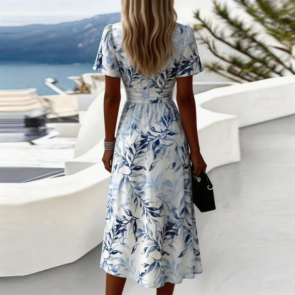 Trendy Plant Print V-Neck Short Sleeve Midi Dress