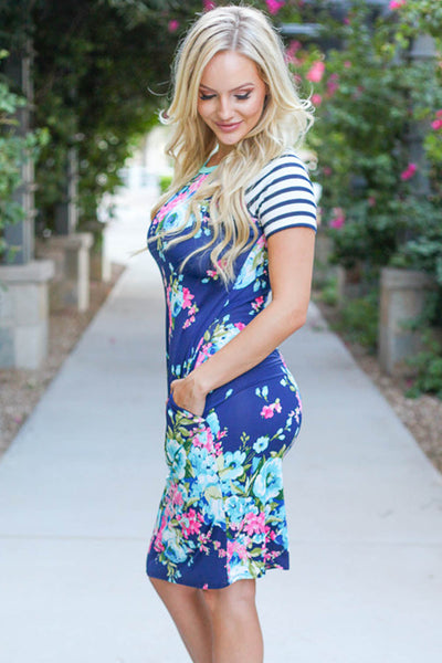 Royal Blue Striped Short Sleeve Floral T Shirt Dress