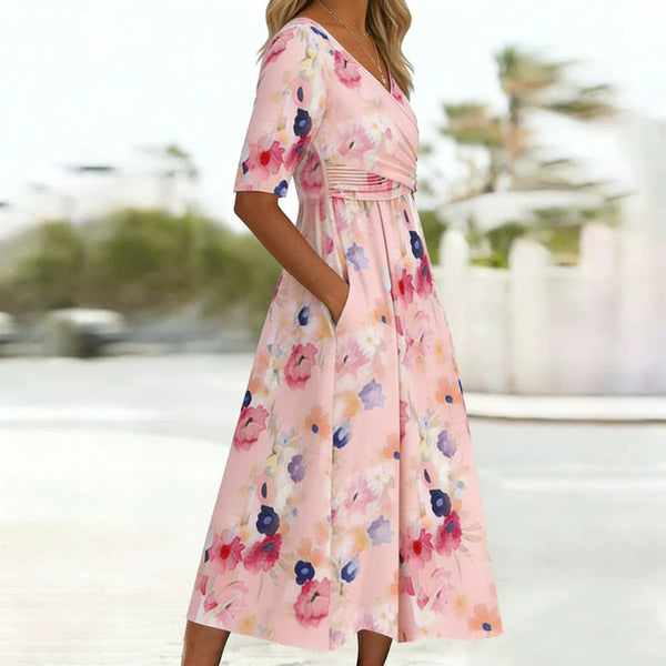 Romantic Pink Floral Side Pocket Midi Dress