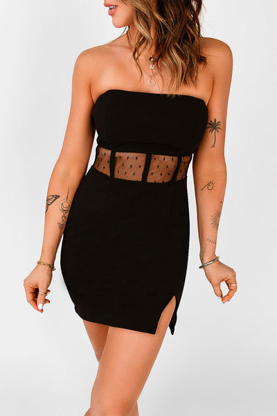 Polka Dot Mesh Patchwork Split Bandeau Bodycon Mini Dress