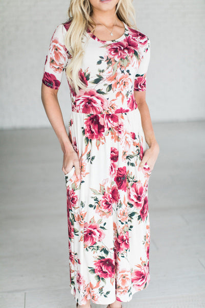 Short Sleeve Floral Long Dress with Pockets