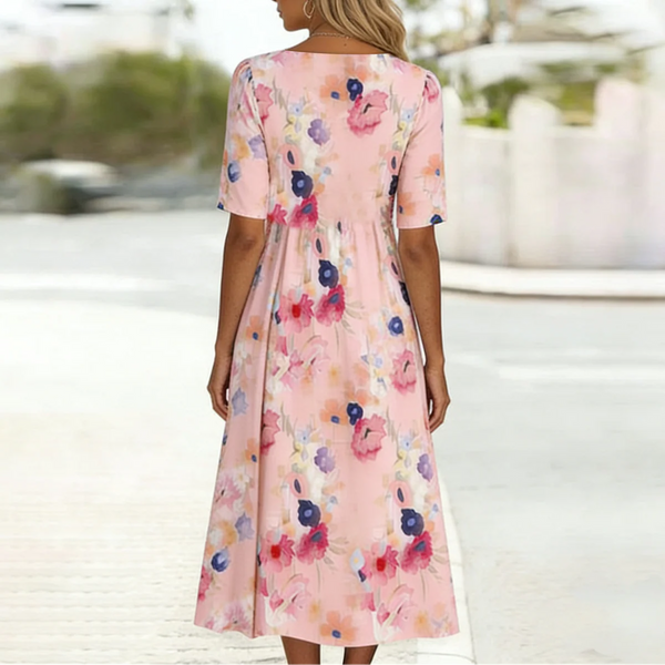 Romantic Pink Floral Side Pocket Midi Dress