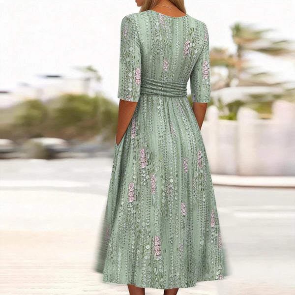 Green Plant Print Side Pocket Midi Dress