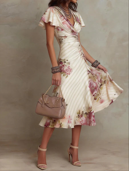 Groovy Floral Print Short Sleeve Midi Dress